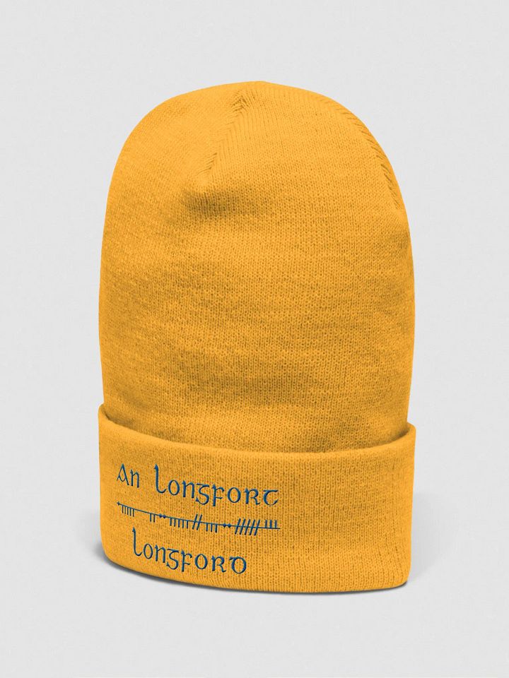 Longford/An Longfort Scholastic style Ogham, Gold with blue, embroidered Cuffed Beanie product image (2)