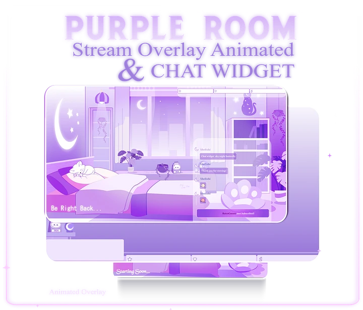 Glowing Room Stream Overlay Animated Pack, Stream Overlay Animated Cute Purple Room Overlay , Cute Room Kitty Overlay, Starting Soon, Brb product image (1)