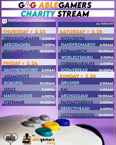 This Thursday on Good4Gaming’s Twitch channel…

Starting at 11a PT/2p ET, an 84 hour stream will be online and raising money ...