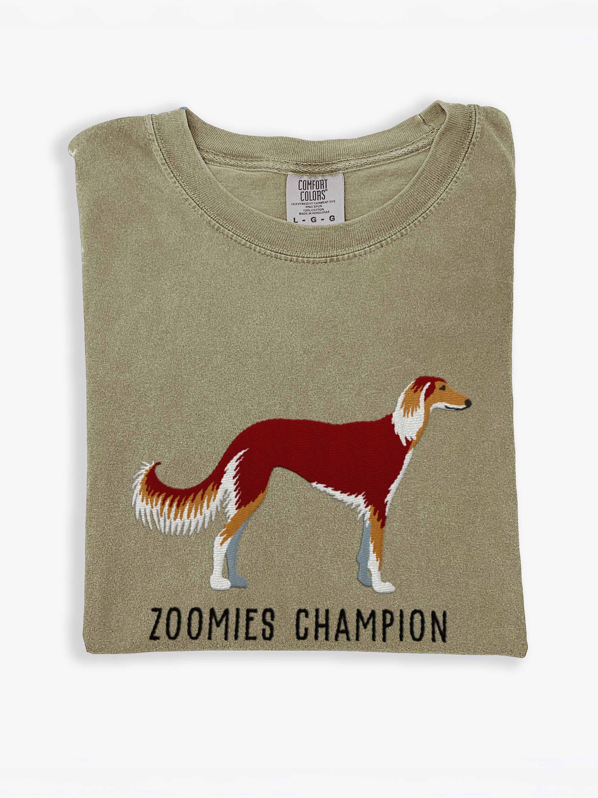 Zoomies Champion T-Shirt(Embroidered) of a Saluki(Chocolate & Tan) product image (1)
