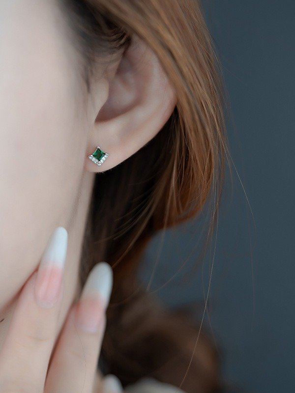 Green Princess-Cut Stud Earrings | 18K Gold Plated product image (9)