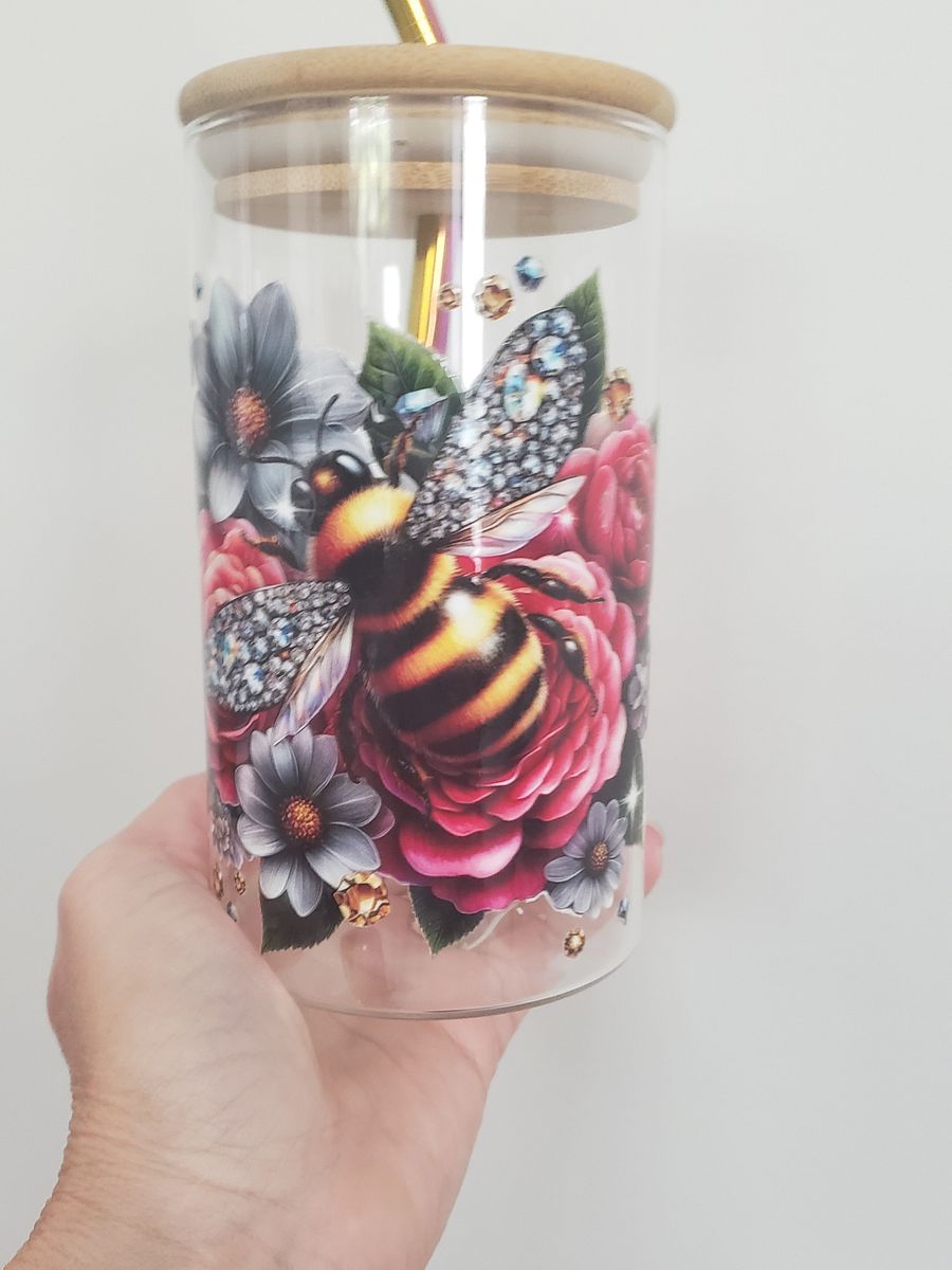 Floral Bee Mason Jar Glass Tumbler with Straw – Eco-Friendly Bamboo Lid – Perfect for Iced Drinks, Smoothies & More!New Product product image (2)
