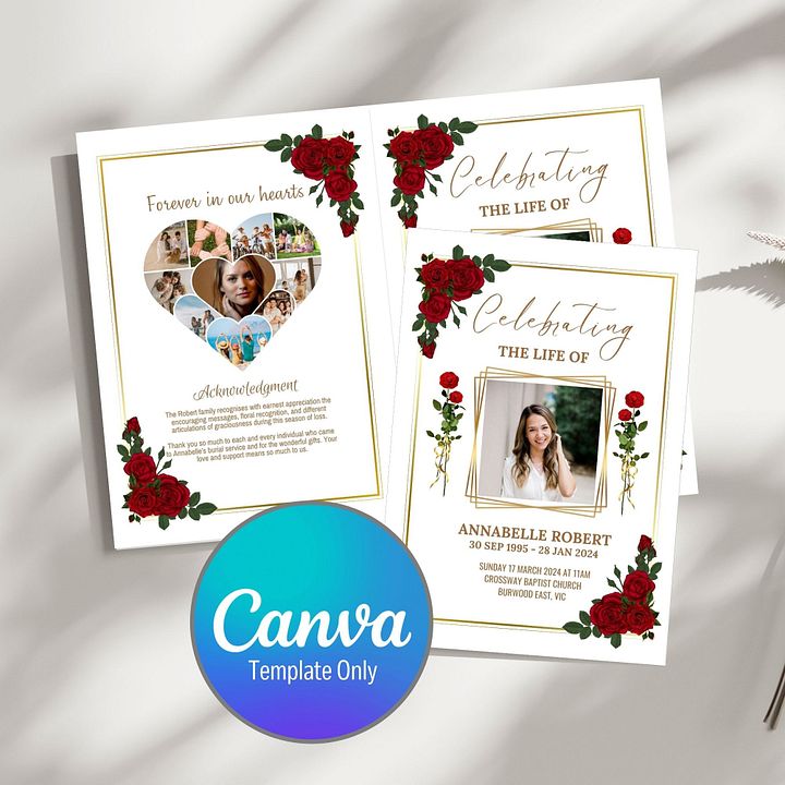 Red Roses Funeral Program Canva Template product image (1)
