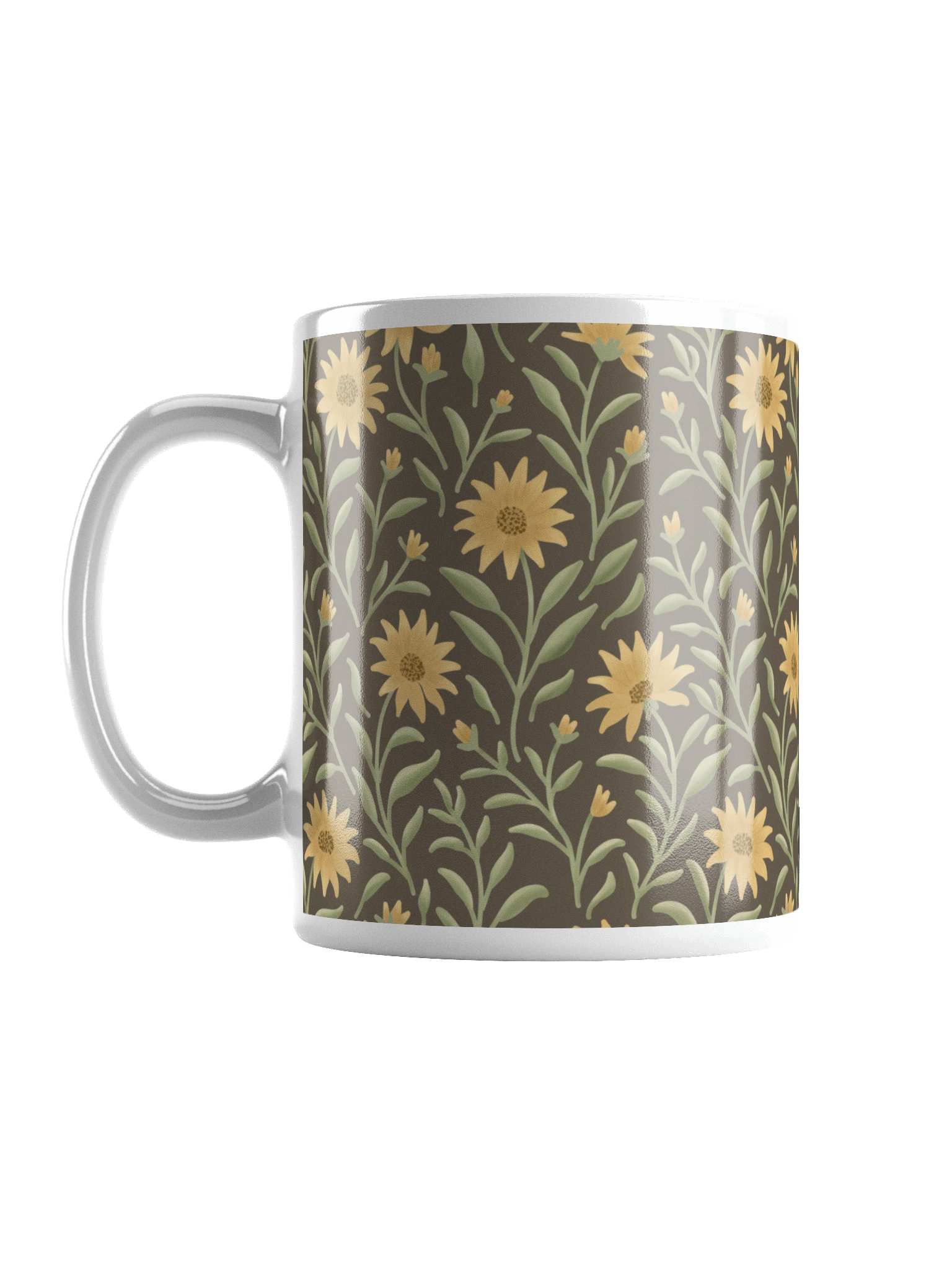 Golden field white glossy mug. Elegant floral botanical design on dark background product image (1)