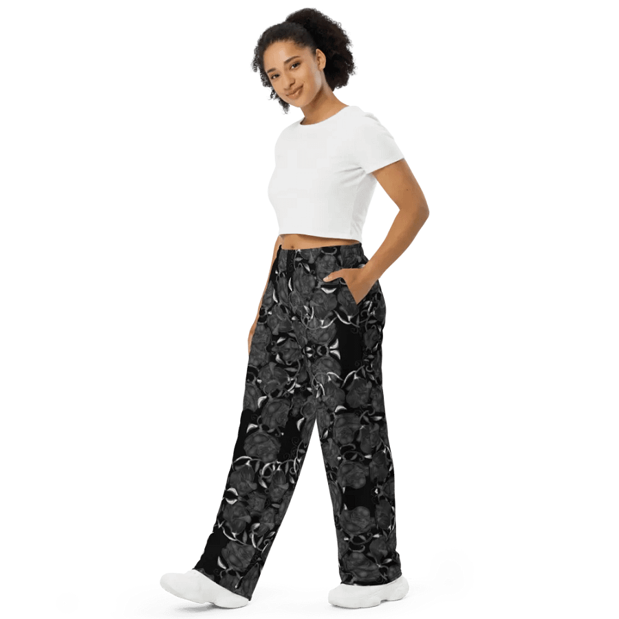 Gray Roses On Black Wideleg Pants product image (4)