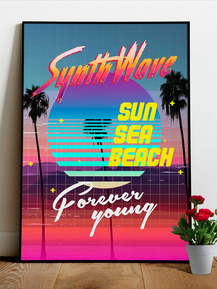 Synthwave poster: Sun. Sea. Beach [retrowave/vaporwave/synthwave] — aesthetic poster, retrowave art print, neon poster, 80s poster product image (1)