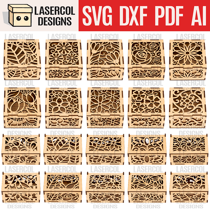 Boxes Bundle Set 1 & 2 (2 Sizes, 10 Styles Each) - Laser Cut Files product image (1)