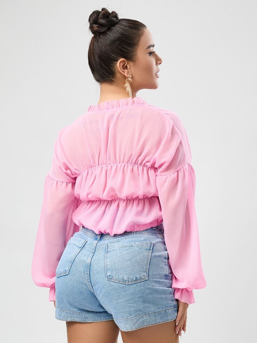 Sexy high quality non-stretch chiffon see through 4 colors v-neck drawstring top Wholesale product image (3)