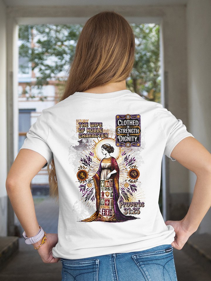 Proverbs 31:25 Women’s Tee “Clothed in strength and dignity.” product image (1)