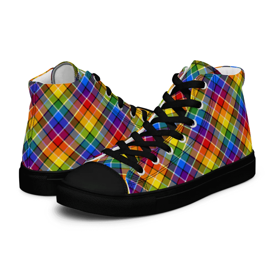 Bright Rainbow Plaid Men's High Top Shoes product image (8)