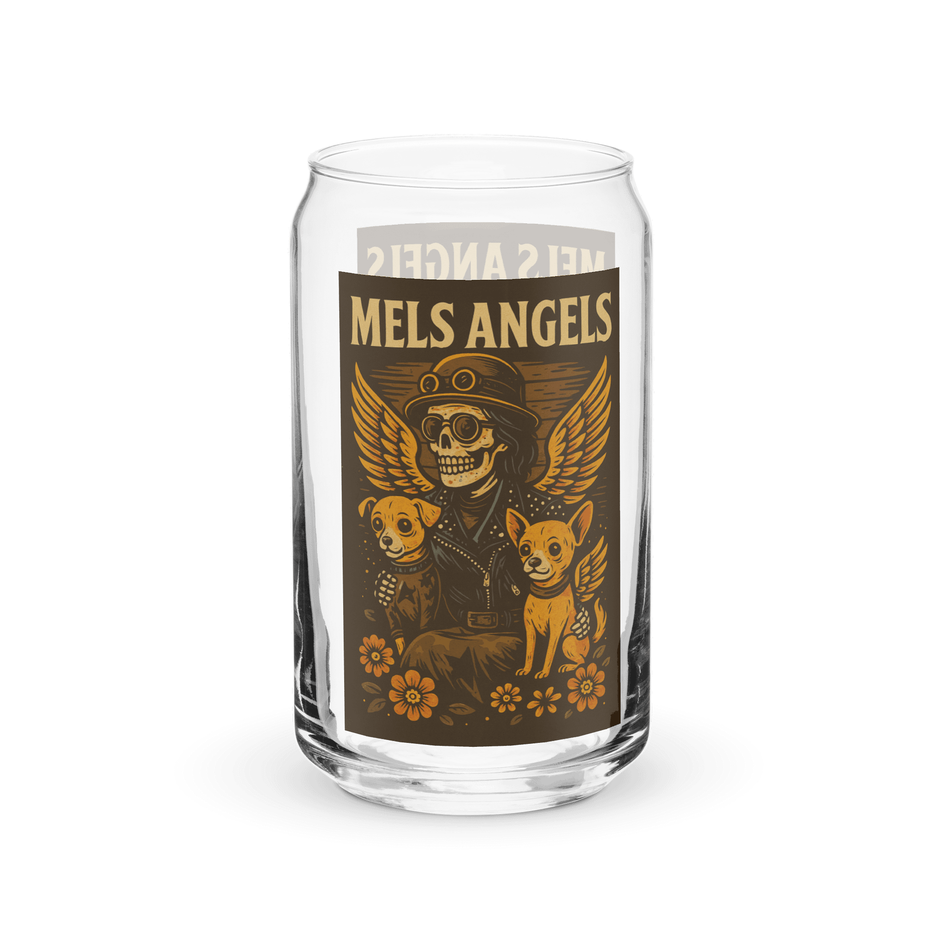Mel’s Angels Skeleton Rider Can-Shaped Glass – 16oz Retro Biker Art Beer & Cocktail Glass product image (3)