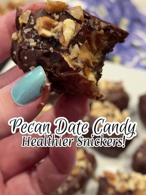 Looking for a healthier alternative to a candy bar? You've got to try this Pecan Date Candy! These beauties taste like a Snickers bar but are full of protein and fiber. 😍  #glutenfree #SweetTreats #candybar #fyp #nobakedessert 