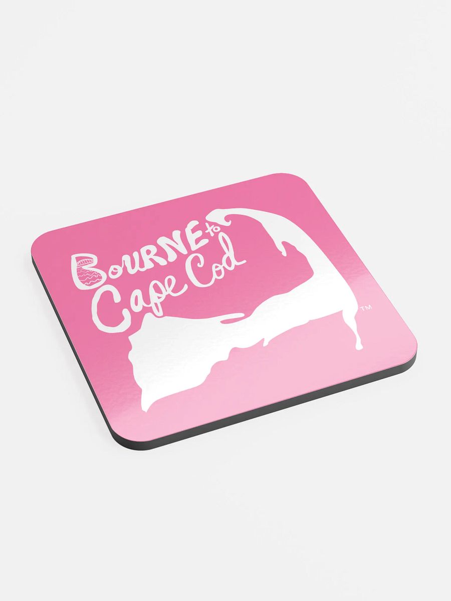 BOURNE to Cape Cod™ | Coastal Coaster | Glossed Cork | Eco-Friendly | Minimalist Coastal Decor | 3.74" Square | White Logo on Brilliant Rose product image (2)