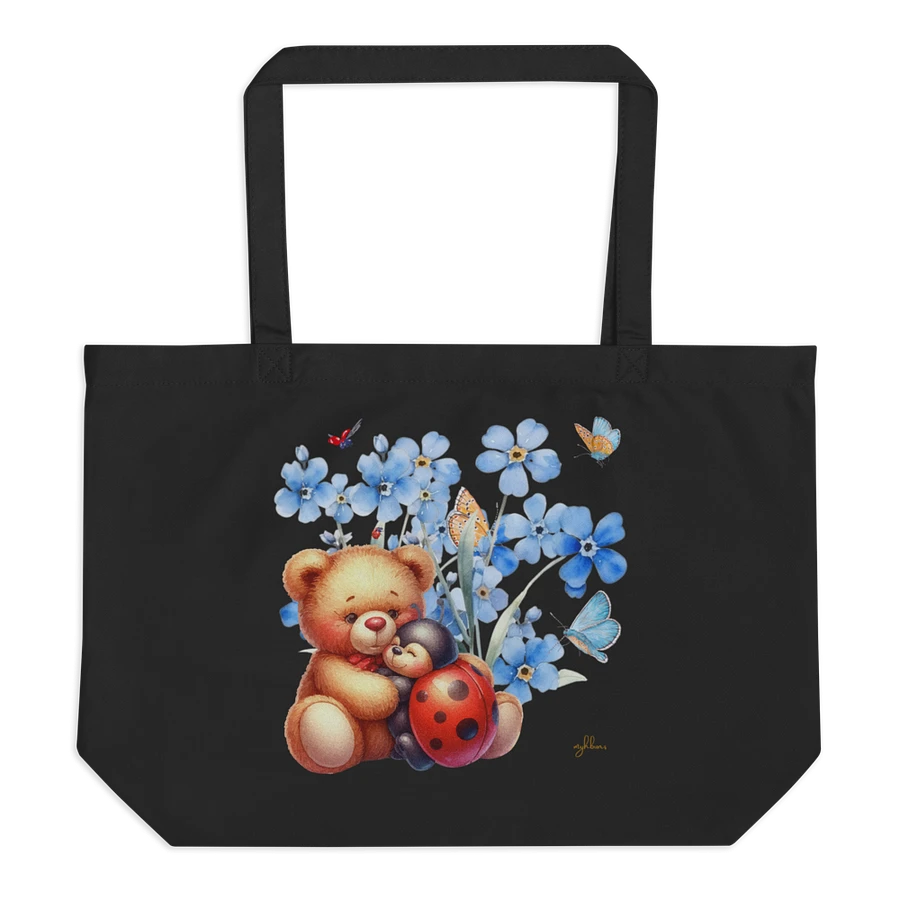 Forget-Me-Not Whispers Teddy Bear Tote Bag (Large) – Organic Cotton Twill, Floral Design with Teddy Bear & Ladybug, Eco-Friendly Bag product image (1)