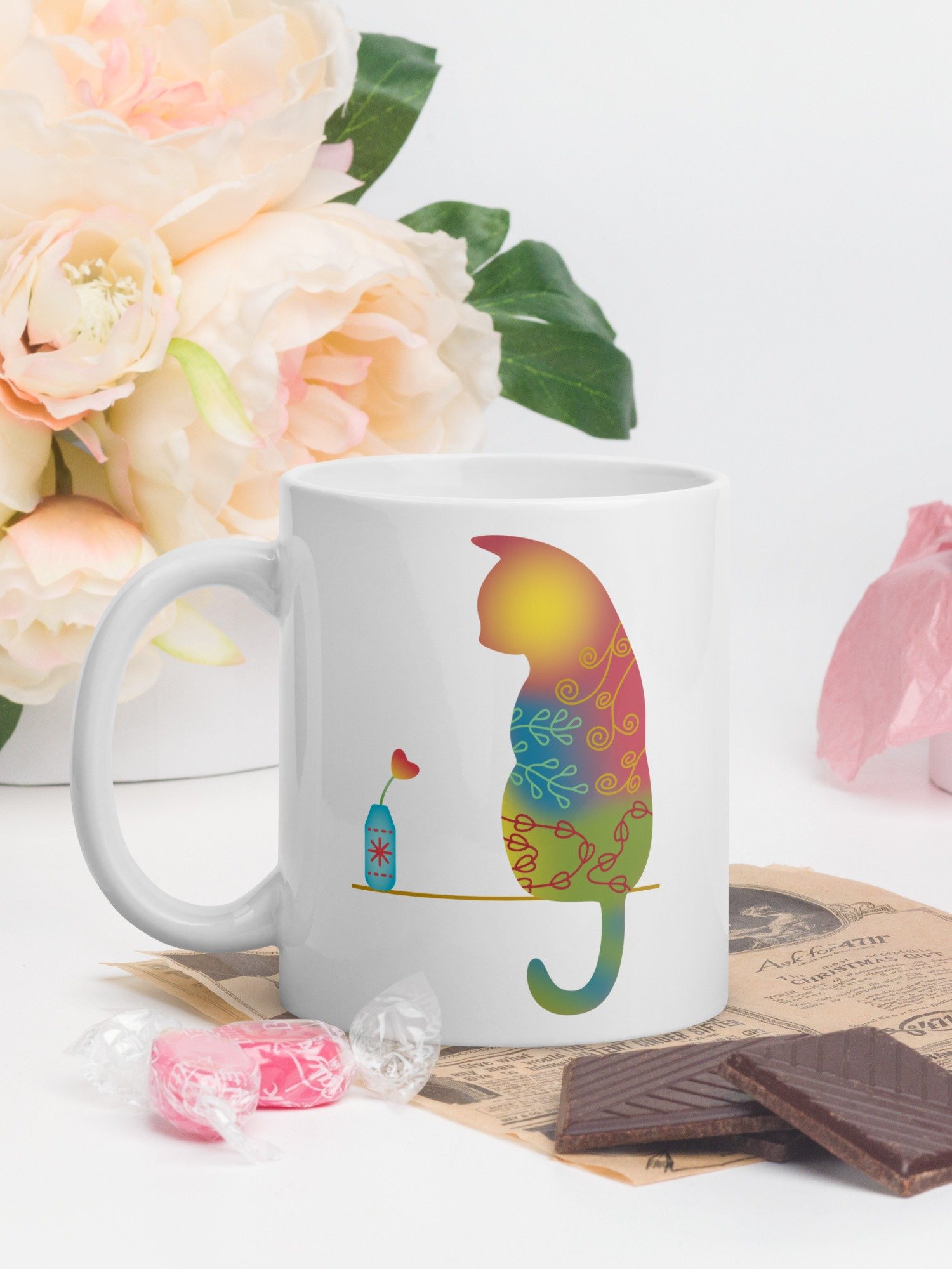 Cat with Heart Flower in Vase 11 oz Mug product image (1)