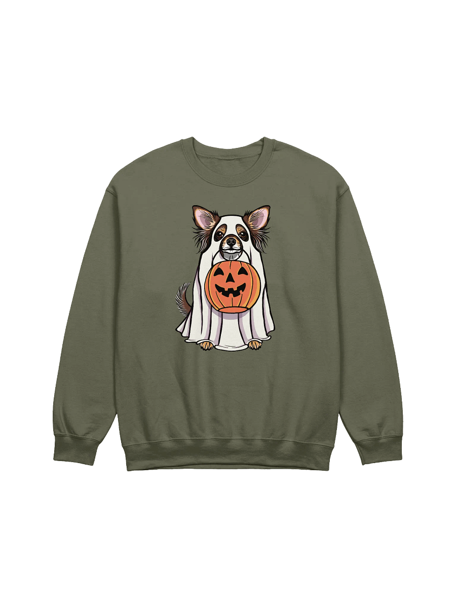 Funny Halloween Longhaired Chihuahua(Red Tricolor) Sweatshirt | Funny Chihuahua Wearing a Ghost Costume and Holding a Pumpkin Basket product image (17)