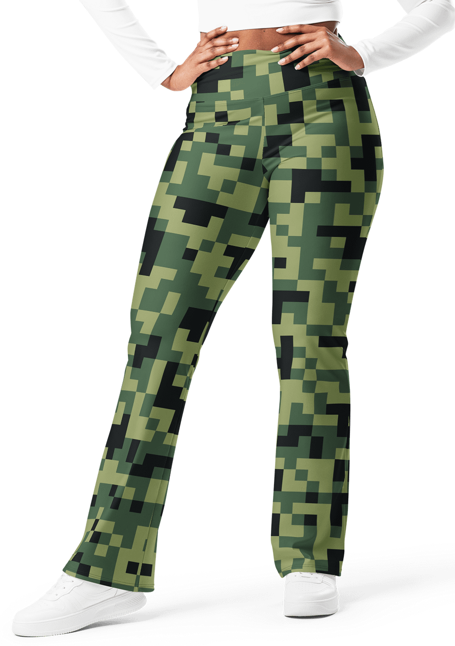 Military Green Camouflage Pixels Camo Pattern Flare Leggings product image (1)