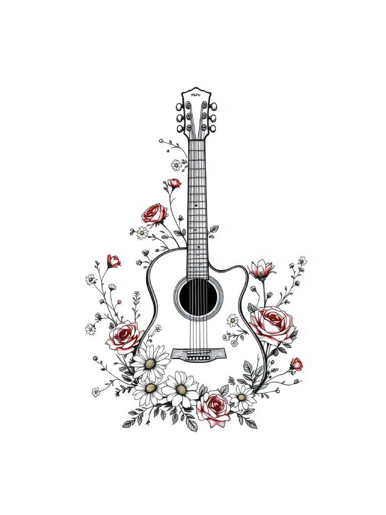 26 Floral Guitar Clipart Designs - Hand Drawn Red Flowers and Green Leaves for DIY Projects and Crafts product image (3)