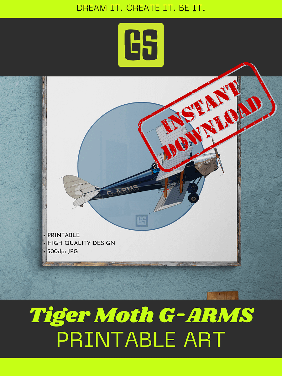 Tiger Moth G-ARMS Printable Aviation Wall Art Square Size Blue Circle & White Border Background product image (5)