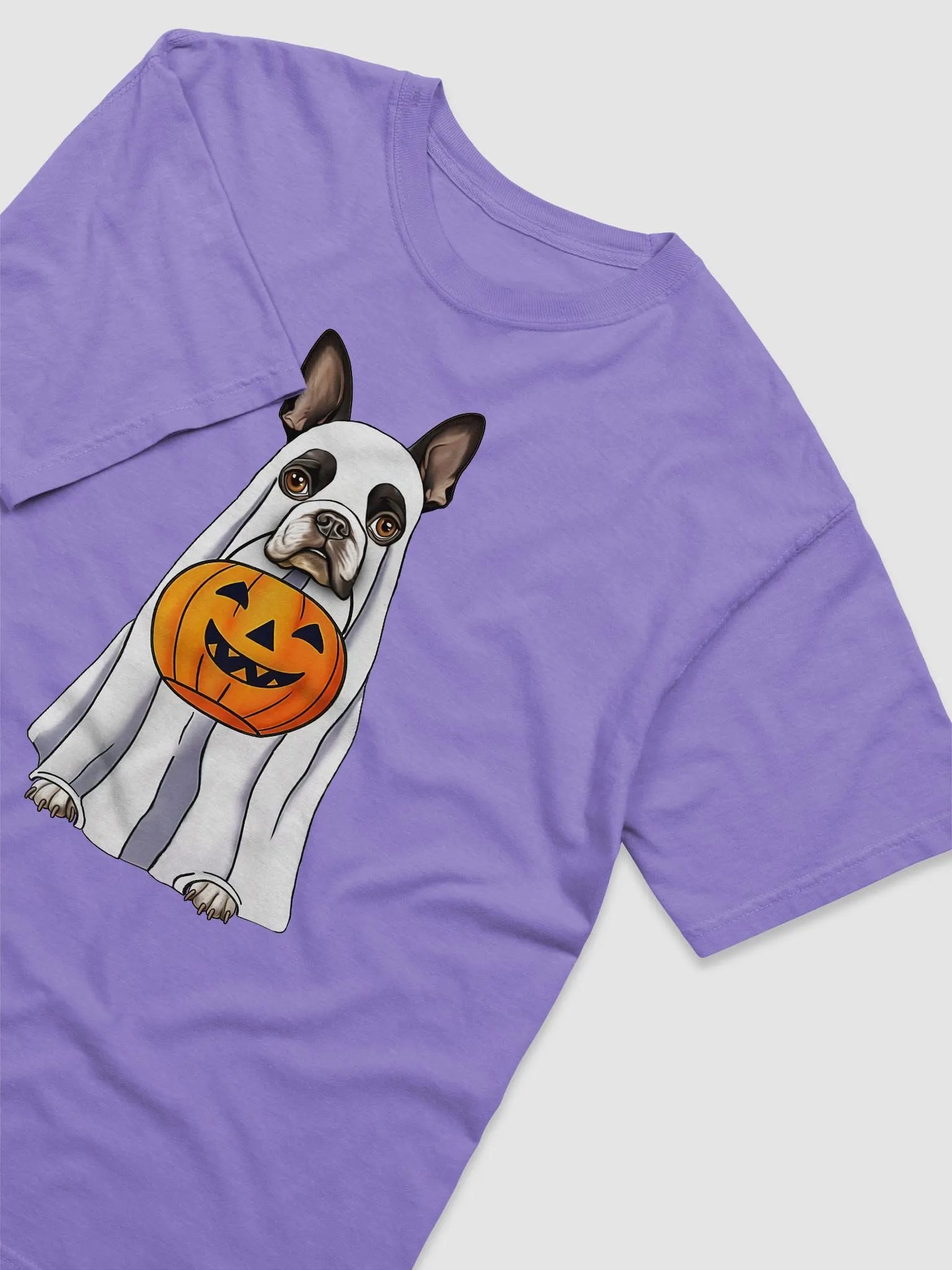 Boston Terrier Halloween Tee | Funny Fall & Halloween Boston Wearing a Ghost Costume with Pumpkin Basket product image (23)