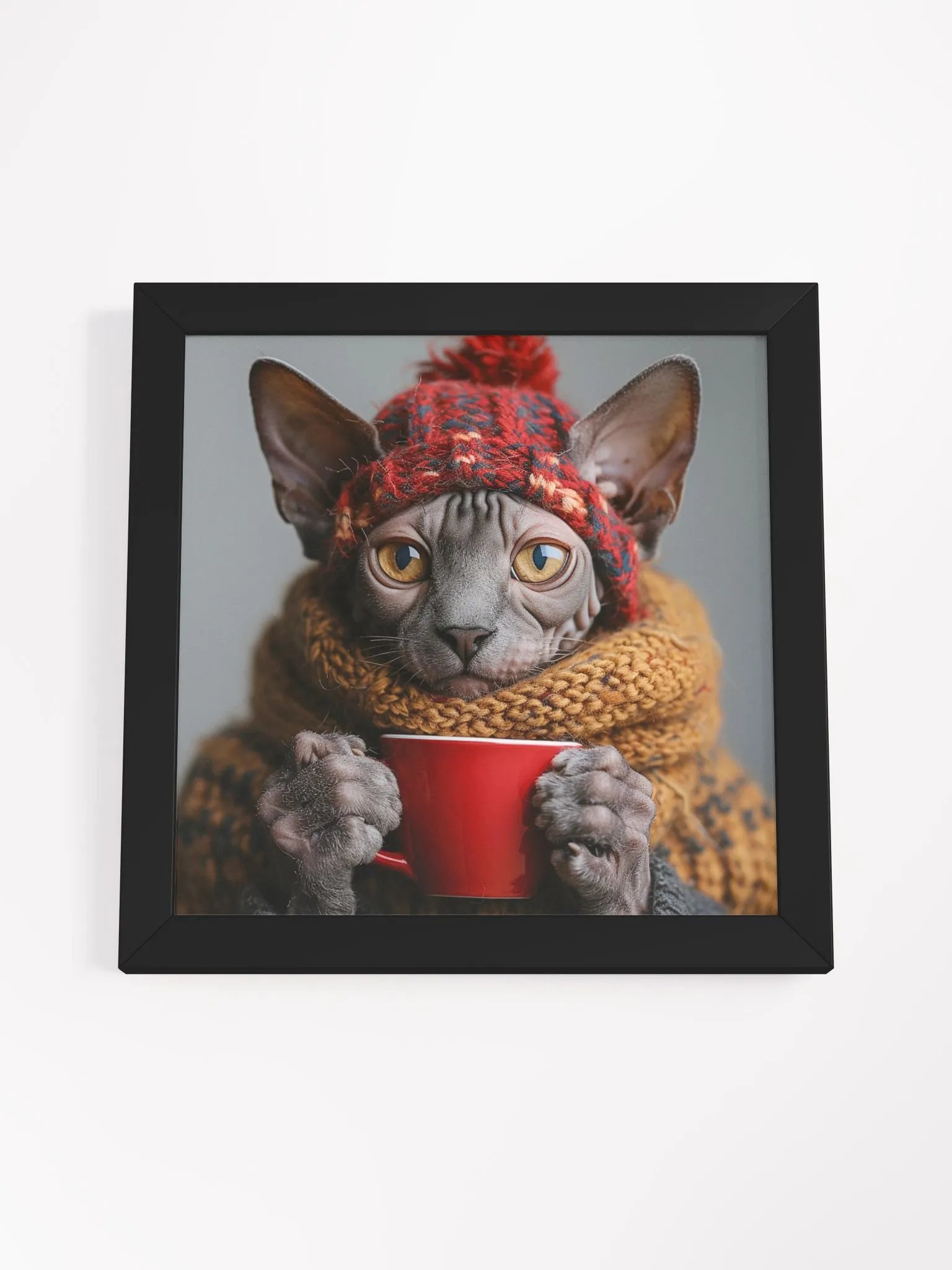 Coffee Lover Grey Hairless Sphynx Cat Framed Wall Art product image (36)
