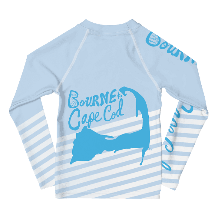 Boys' | Little KIDS | Rash Guard | BRN.2C.C.™ Front Print | BOURNE to Cape Cod™ Back & Sleeve Logo | Coastal UV Shirt for Active Kids | Slim Fit Swim Top | Blue Logo on Patriotic Pastels product image (2)