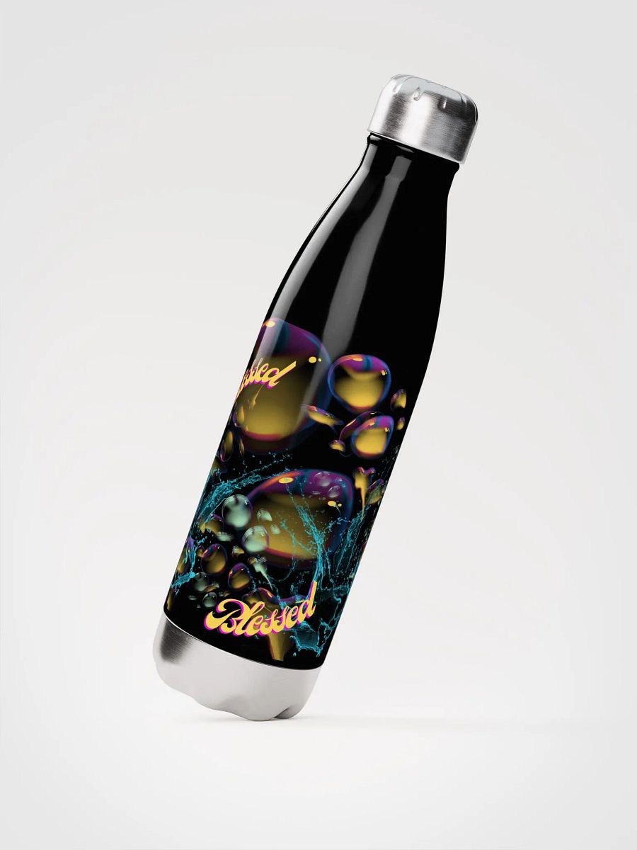 water bottle with beautiful swirly blue water splash and drops design featuring “Blessed’ product image (2)