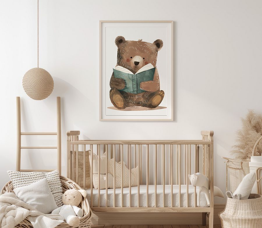 Cute Bear Reading a Book Watercolor Nursery Art Print product image (9)