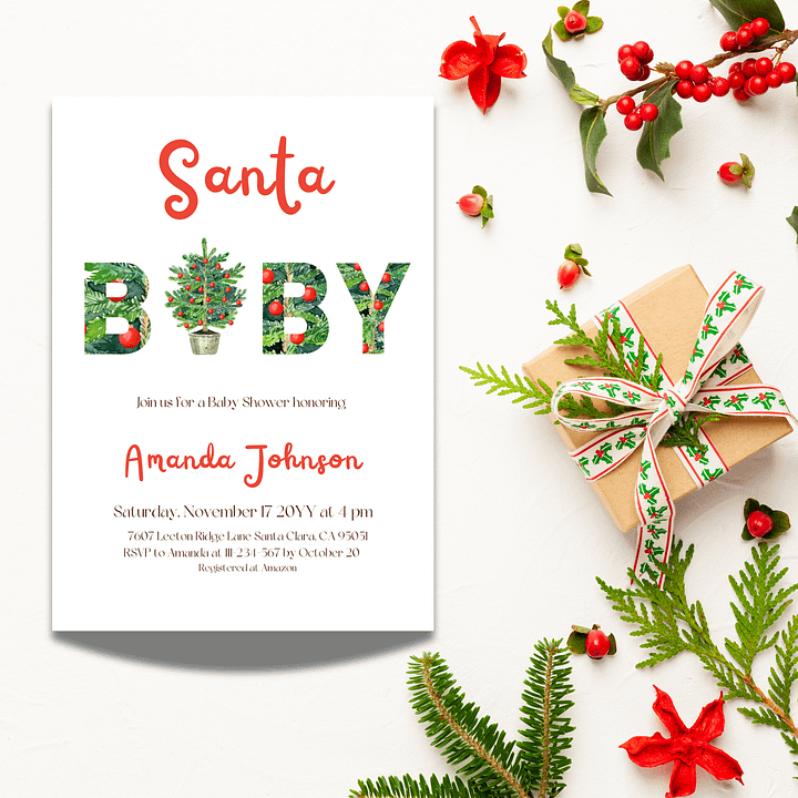 Santa Baby Shower Invitation for Christmas Tree Themed Party, Digital Download Winter Gender Neutral Green Baby Shower Invite Canva Template product image (1)