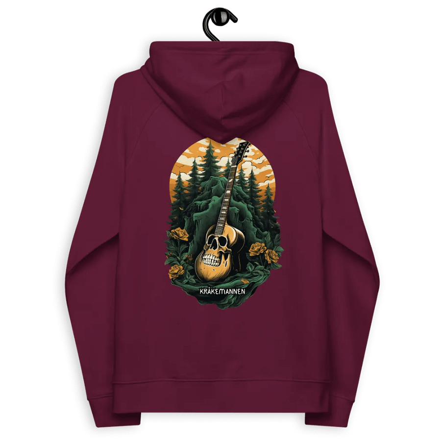 Unisex Eco Raglan Hoodie 🌲 Dark green spruce forest with a skull-shaped guitar product image (5)