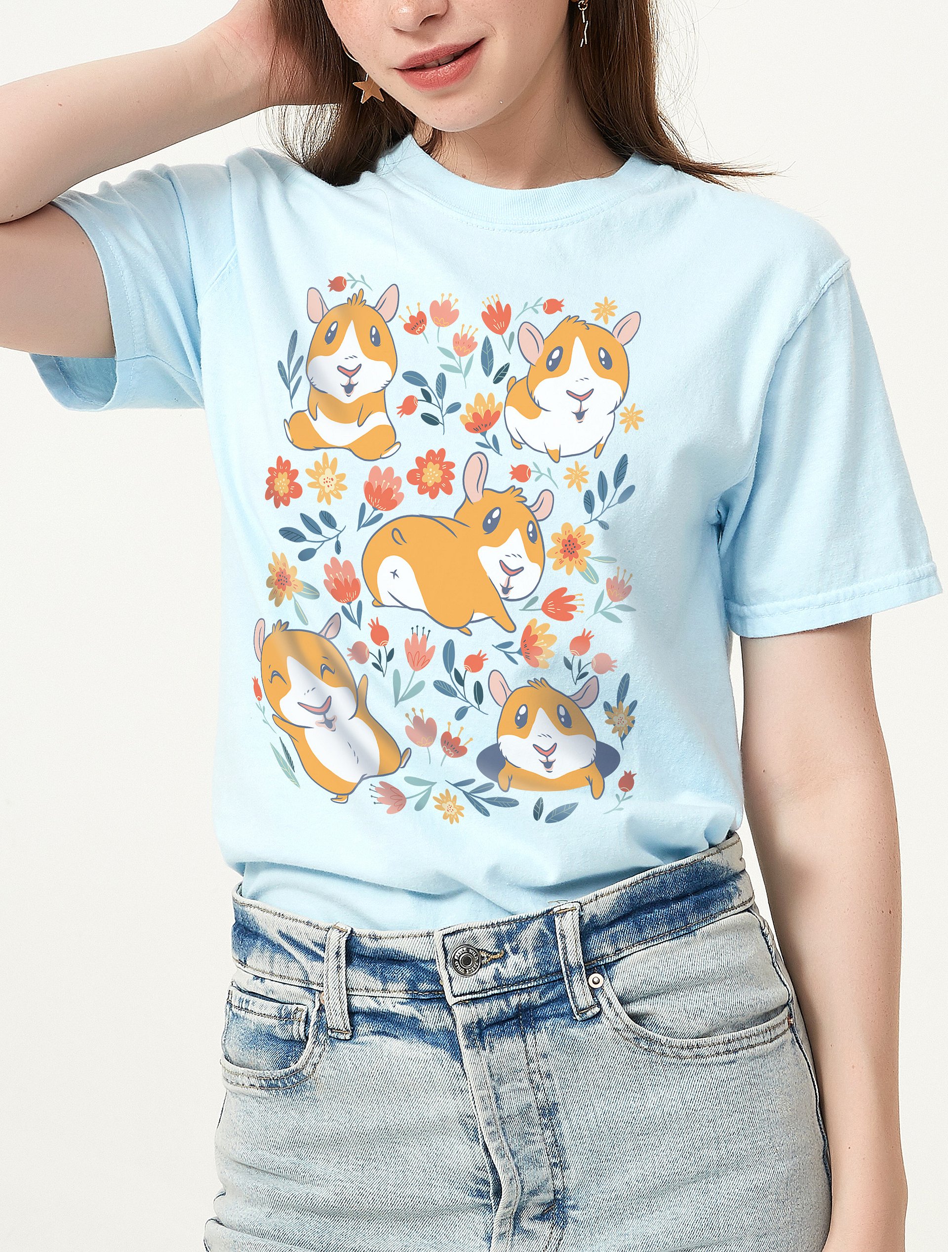 Cottagecore-Style Shirt of Kawaii Guinea Pigs | Goblincore & Forestcore-Inspired Floral Kawaii Guinea Pigs T-Shirt product image (16)