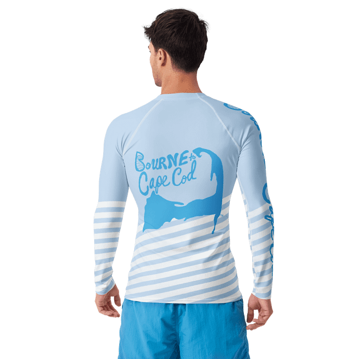 BRN.2C.C.™ /BOURNE to Cape Cod™ | Men’s Long Sleeve Rash Guard | UPF 50+ Active Coastal Shirt | Sky Blue Logos on Skyline Stirpes product image (2)