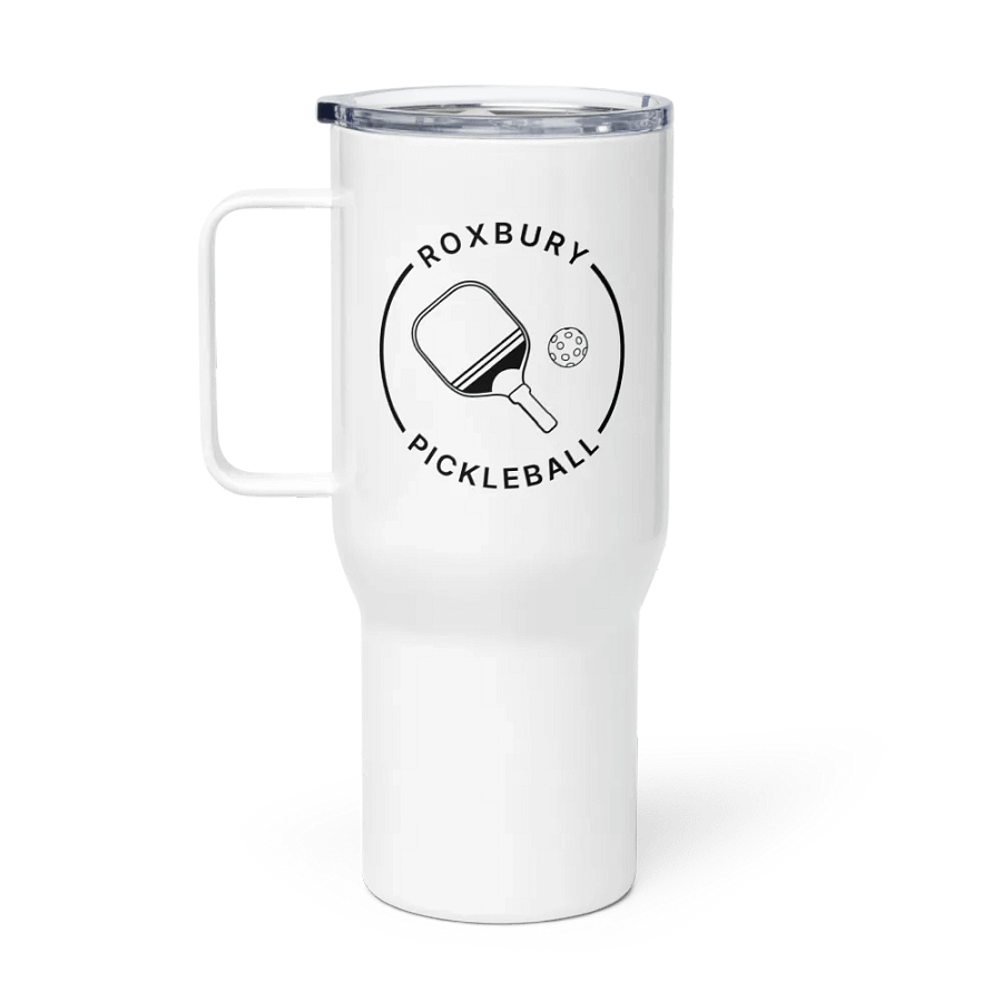White Roxbury Pickleball Logo Travel Mug with Handle product image (1)