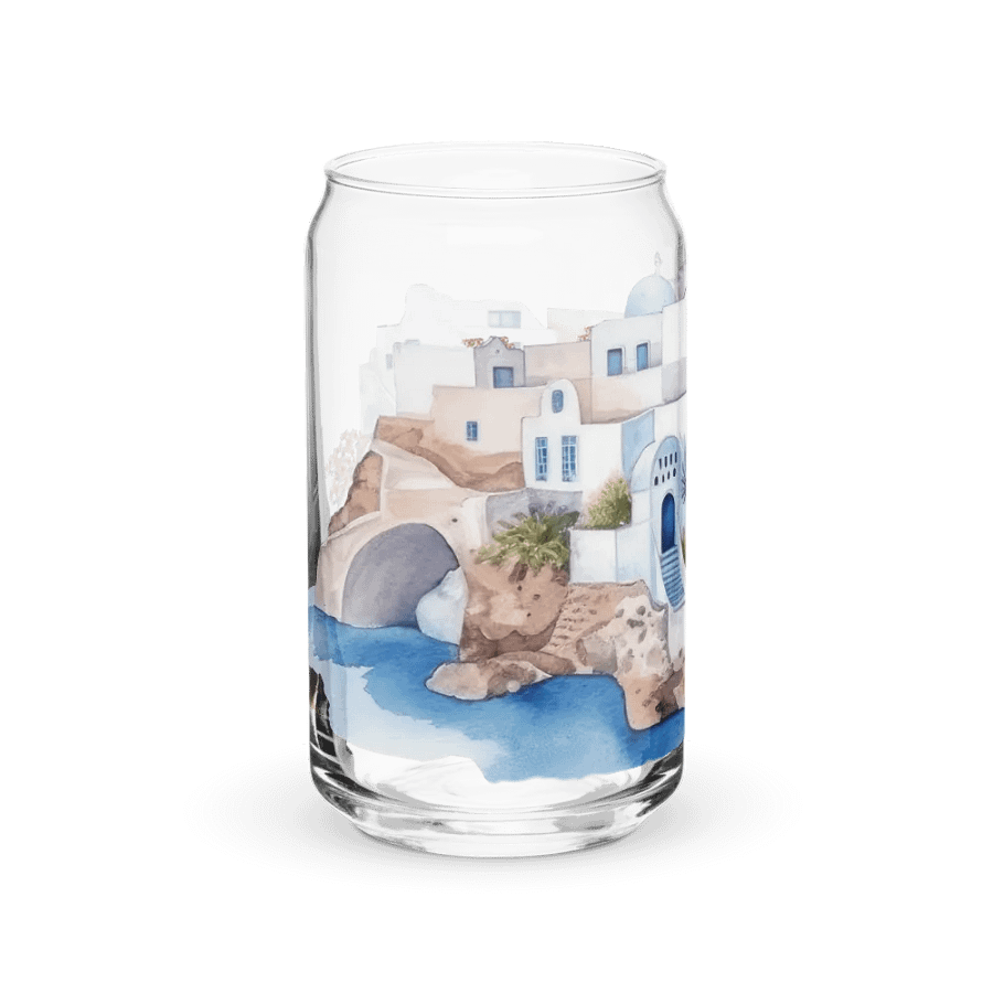 Santorini Dreaming Glass Can Tumbler | 16oz | Greek-Inspired Beverage Glass with Bamboo Lid & Straw product image (10)