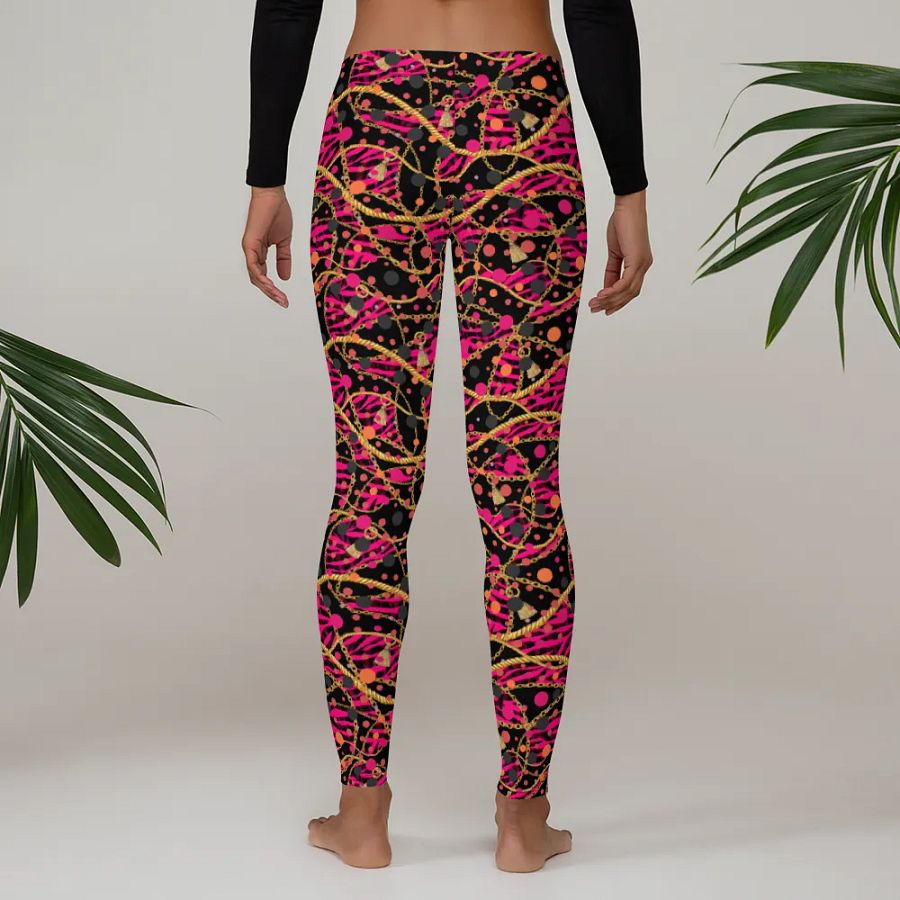comfortable ladies leggings in funky arty red pink and gold design  on black design for those that  like the unusual. product image (3)