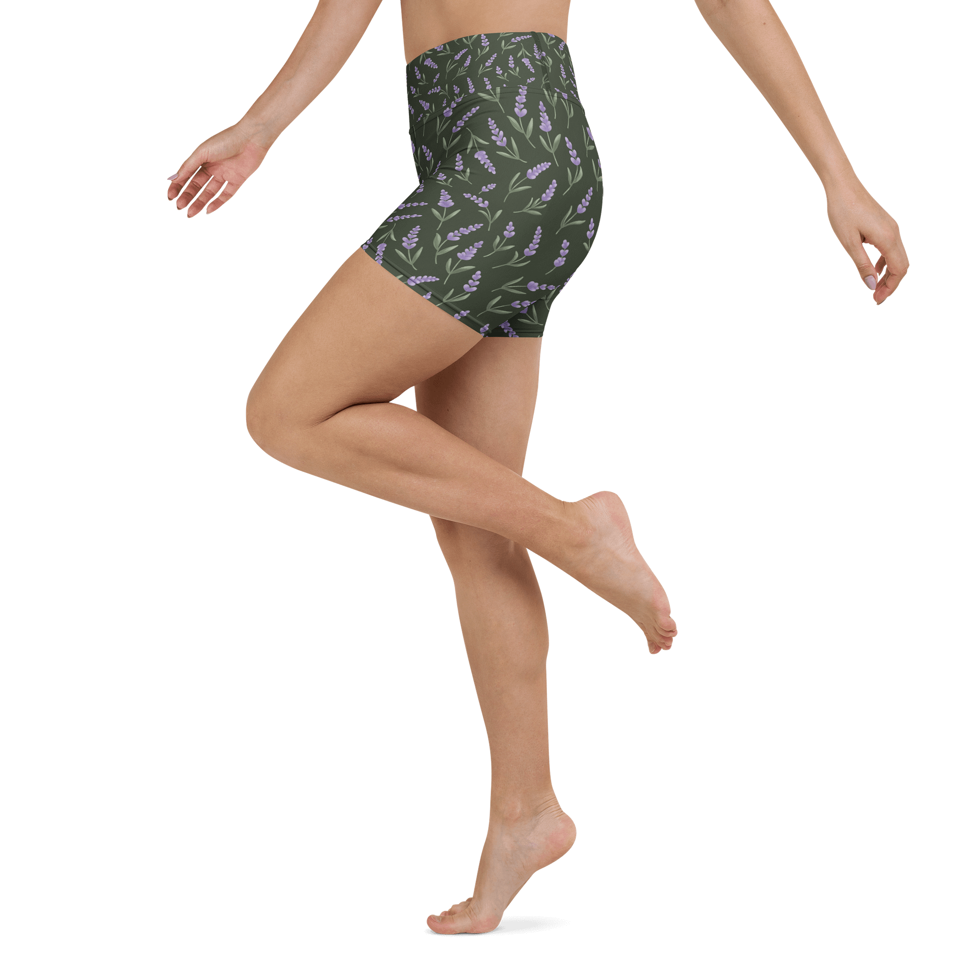 All-Over print yoga shorts with lavender pattern on green background. Eco-Friendly activewear product image (4)