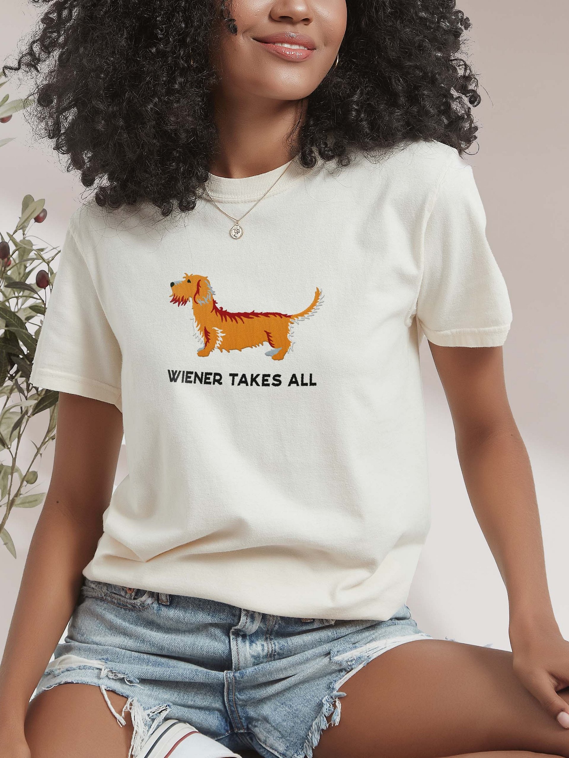 Wiener Takes All T-Shirt(Embroidered) of a Wirehaired Dachshund(Tan) product image (2)