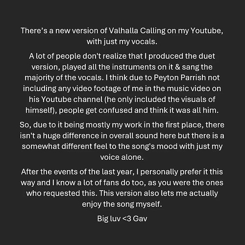 There’s a new version of Valhalla Calling on my Youtube, with just my vocals.

A lot of people don't realize that I wrote & p...