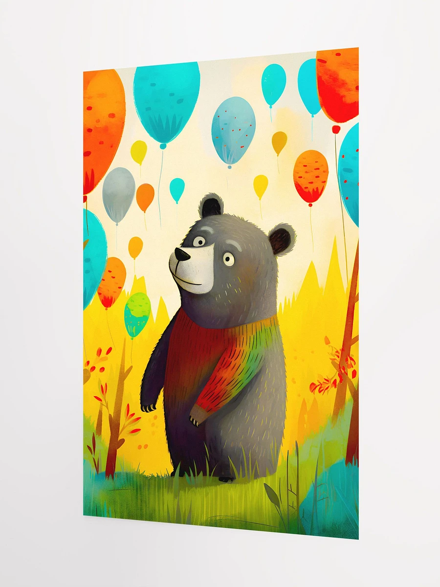 Baby Bear Admiring a Sky of Cheerful Colorful Balloons in a Bright Forest Matte Poster product image (5)