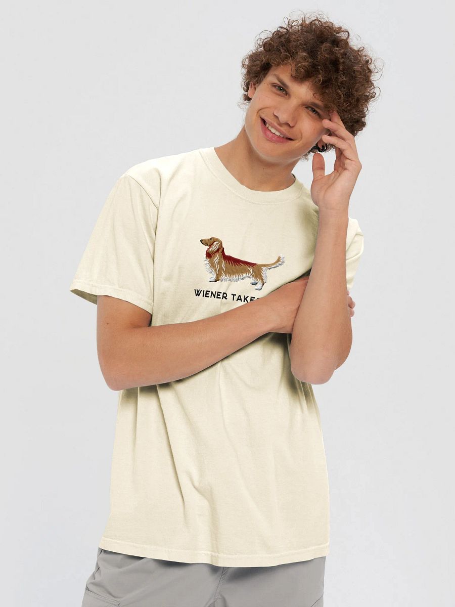 Wiener Takes All T-Shirt(Embroidered) of a Longhaired Dachshund(Fawn) product image (37)