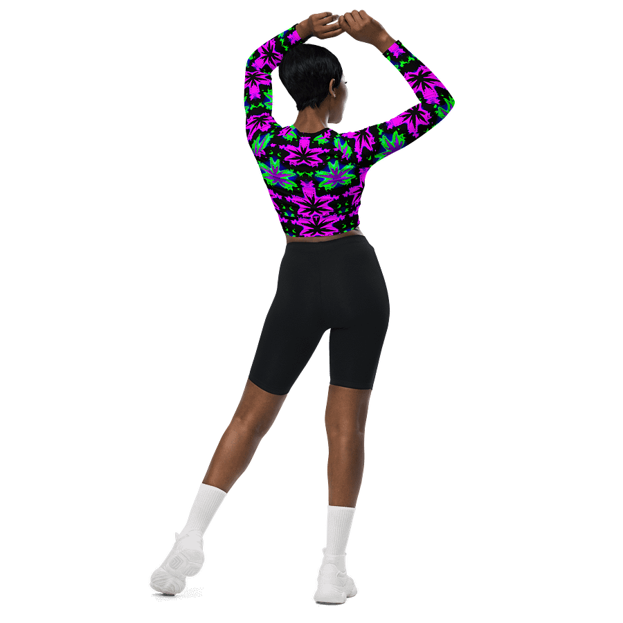 Neon Raver Reefer Stoner Summer Recycled Long-Sleeve Crop Top, Black Hot Pink Green Ganja Weed Shirt, 420 Cannabis Festival Pot Leaf Fashion product image (5)