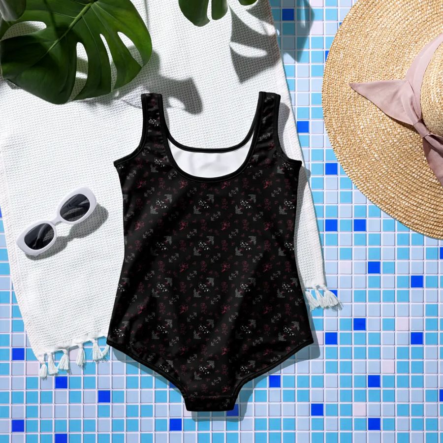 Magenta and White Flowers on Black One-Piece Youth Swimsuit product image (6)
