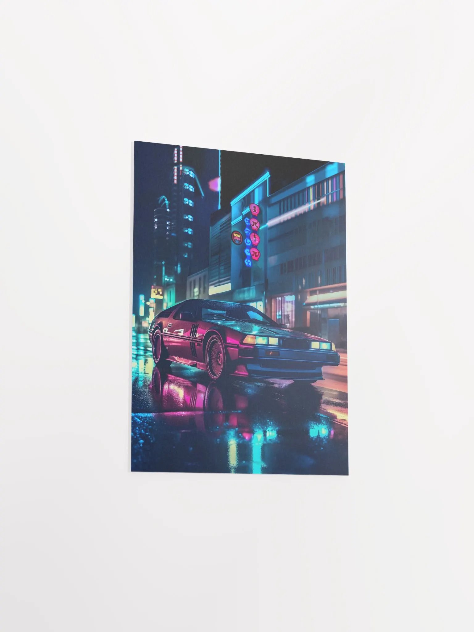 Sleek retrowave car DMC DeLorean with synthwave neon lights [synthwave/vaporwave/cyberpunk] — aesthetic art print product image (8)