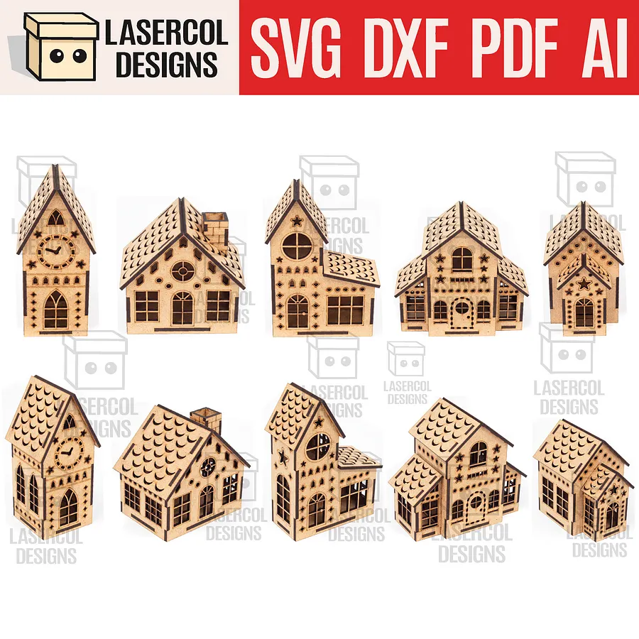 Christmas Houses Set 2 (5 Styles) - Laser Cut Files product image (1)