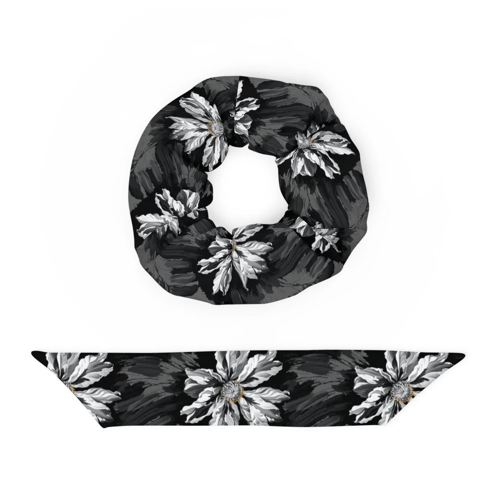 Hair Scrunchie - Painted Gray Flowers on a Black Background product image (4)