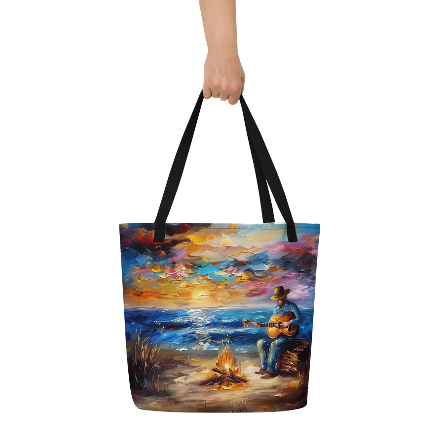 Tote Bag: Musician with Guitar Beach Sunset Weekend Getaway Vibrant Art Style Design product image (6)