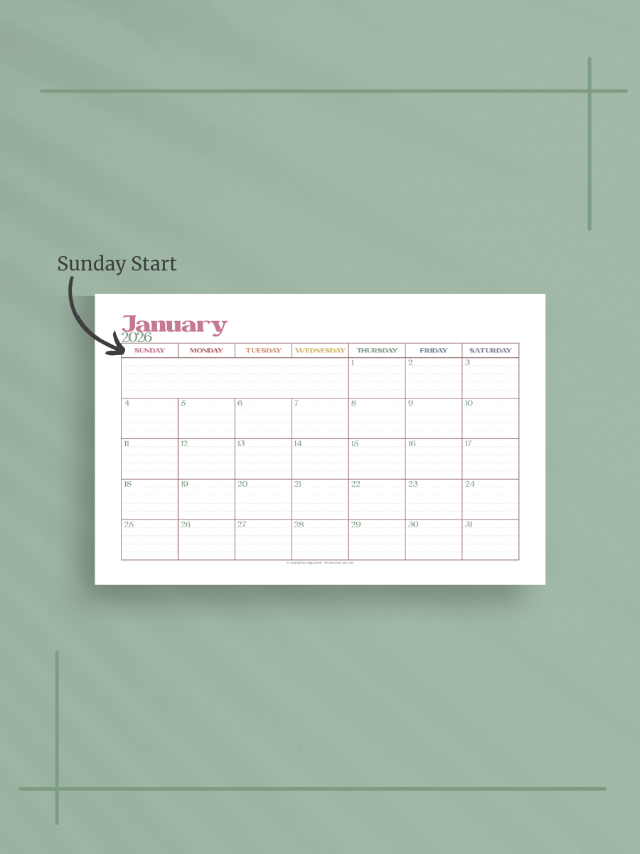Summer Garden 2026 Calendar - Single Page per Month, Sunday Start, Half Letter Size product image (2)