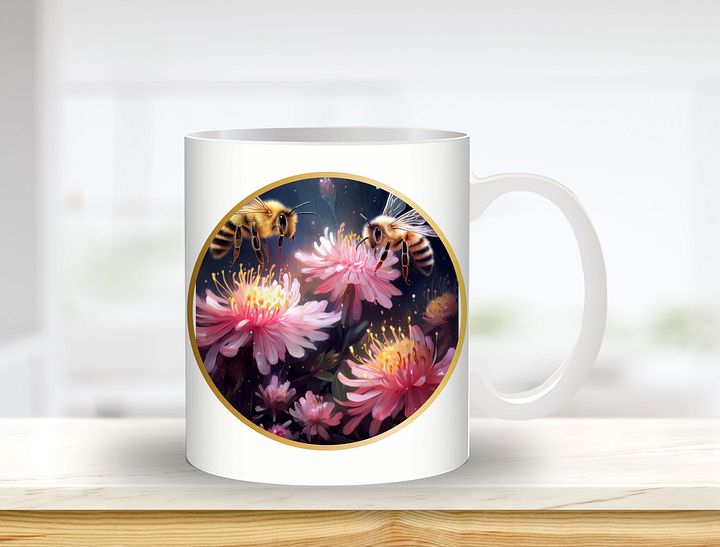 Bee & Flower Mug Sublimation Design, 11oz & 20oz Mug Template, Mug Wrap Template PNG, Digital Download product image (1)