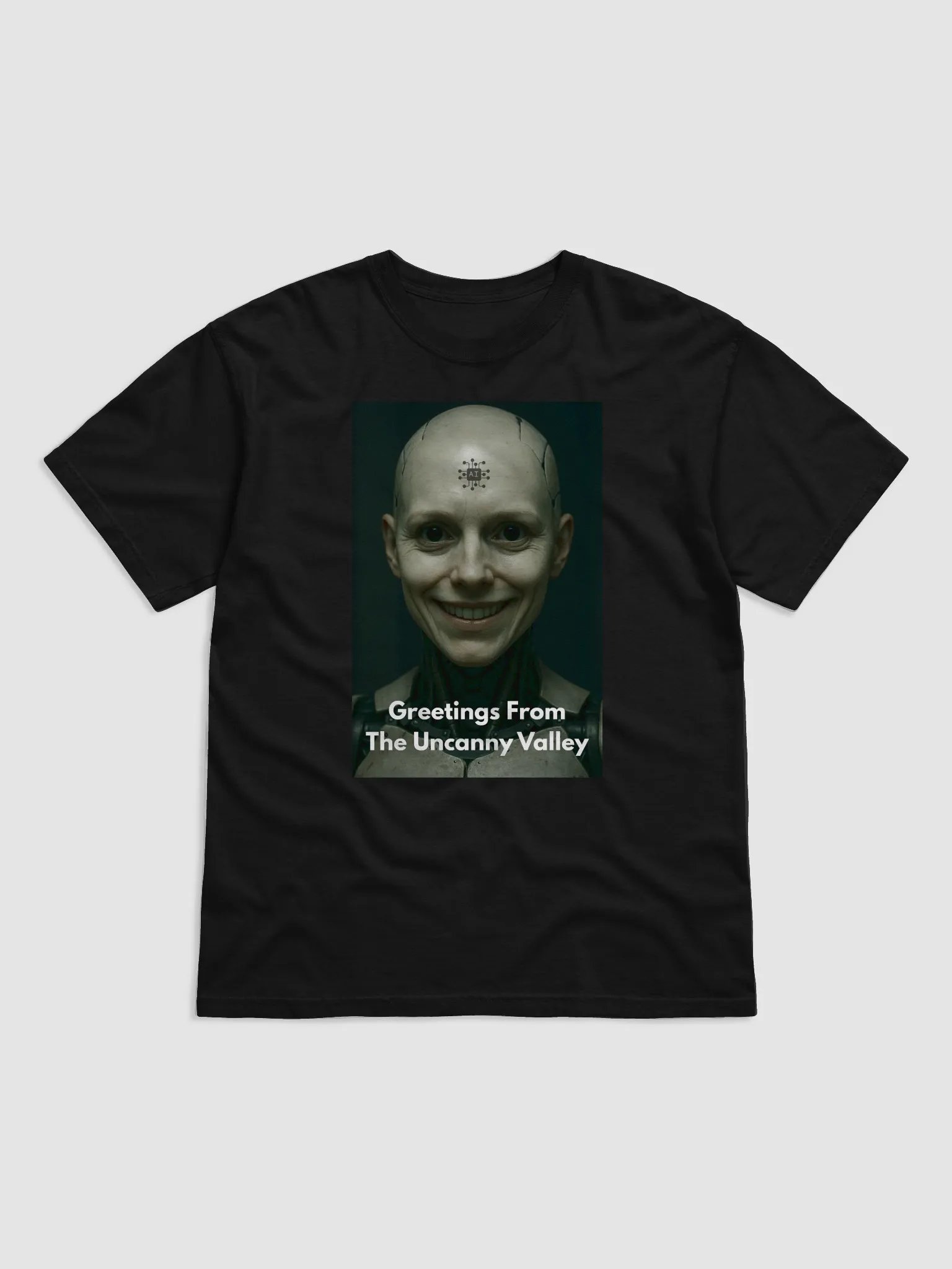 Greetings from the Uncanny Valley – Robot Nightmare T-Shirt product image (1)