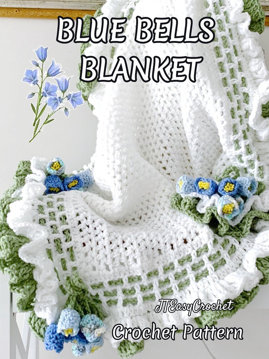 Blue Bells Flower Baby Girl Blanket Crochet Pattern, Infant Coming Home Blanket Floral Boho Throw Vintage Style product image (1)